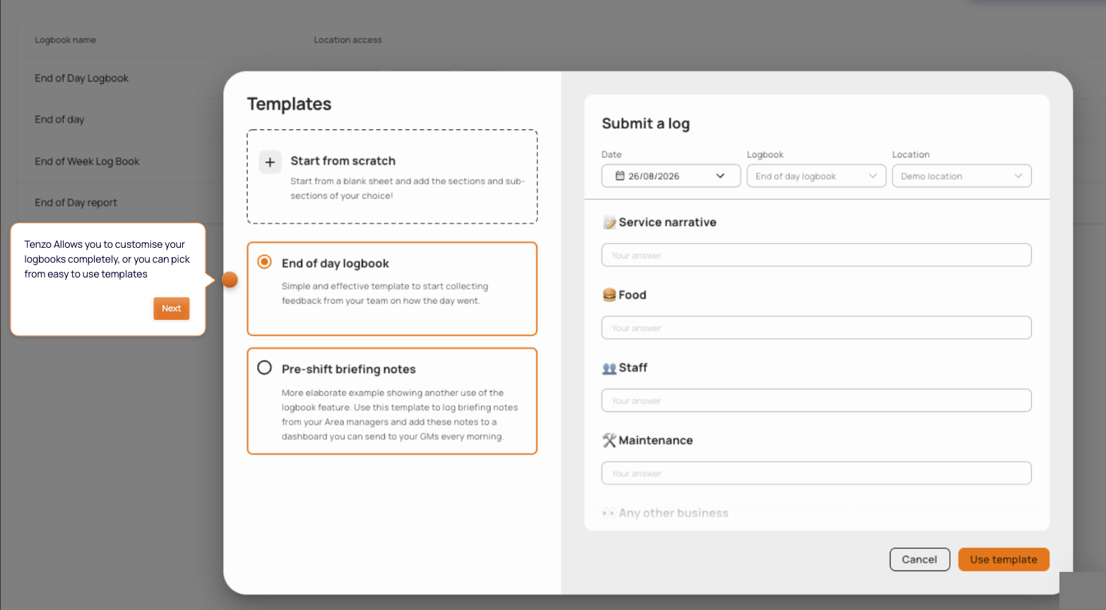 Choosing a logbook template in Tenzo — start from scratch or from a ready-made end-of-day template