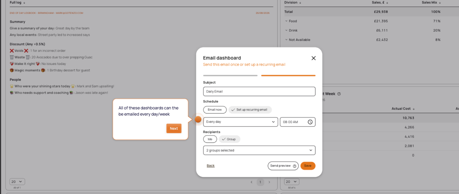 Setting up a recurring 8am email of the completed log and the day’s dashboards in Tenzo
