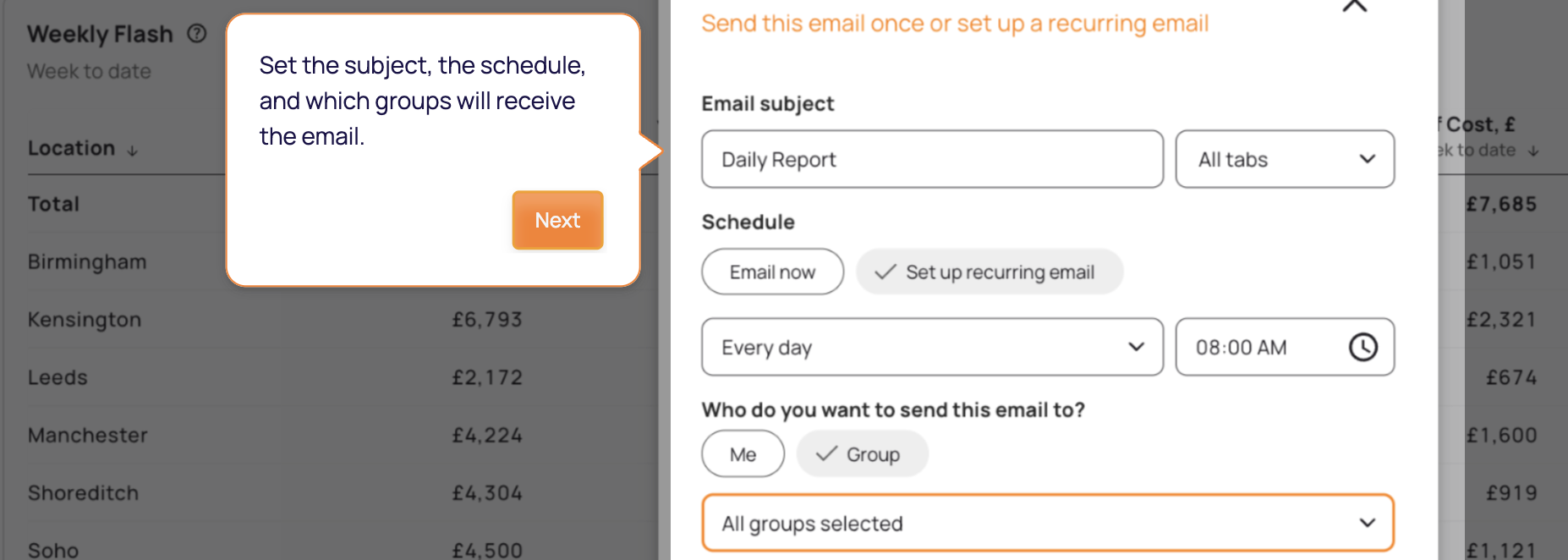 Scheduling a recurring daily flash email in Tenzo, with an AI summary